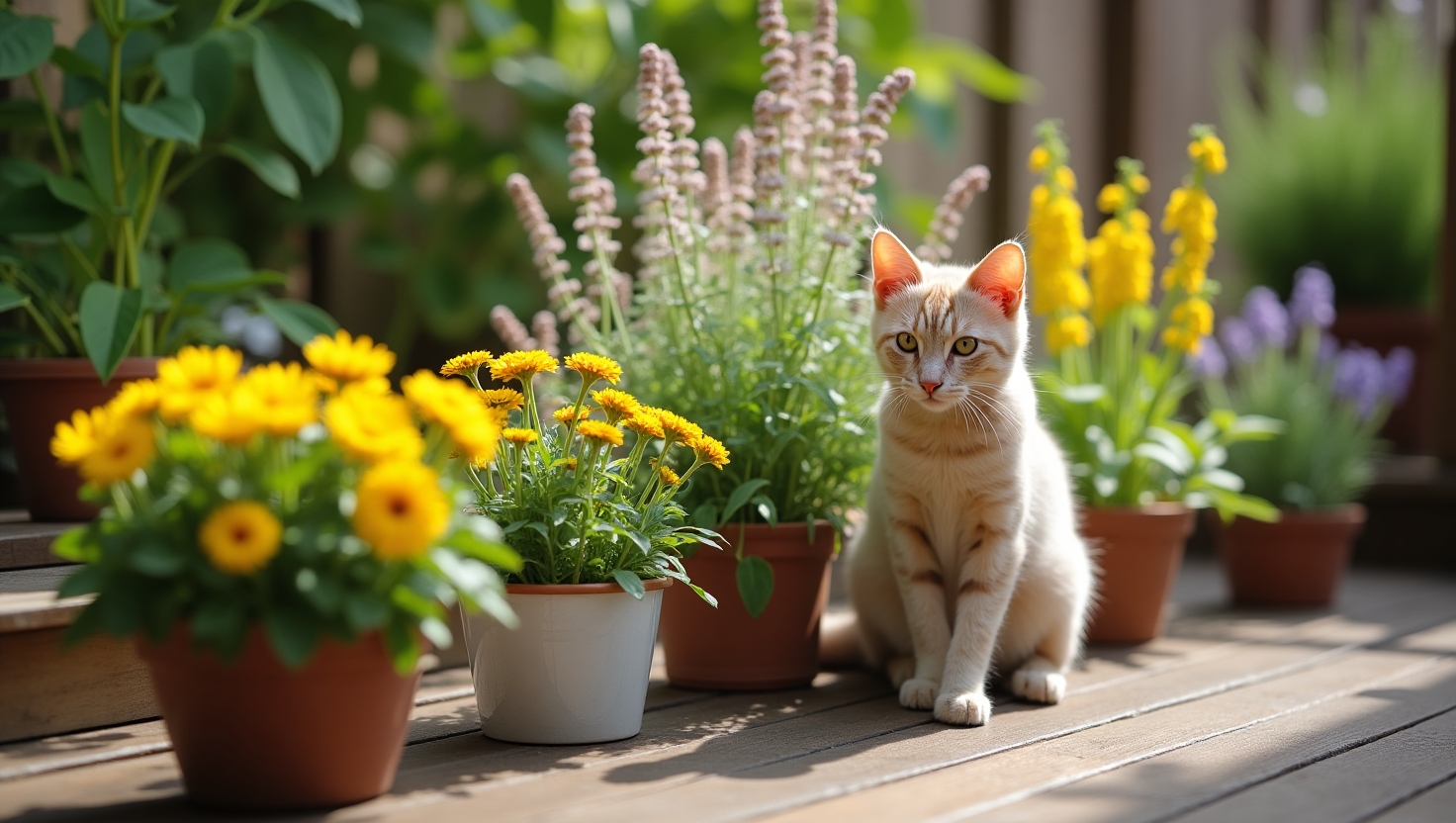 Flux_Dev_Arranjo_de_plantas_seguras_para_gatos_em_vasos_decora_3 Construa um Playground Natural para Gatos no Seu Jardim de Apartamento (DIY)