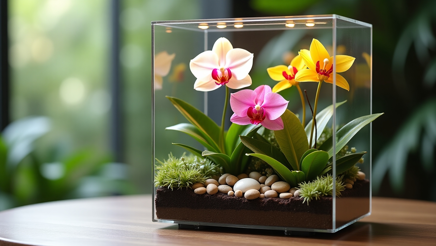 Flux_Dev_Mini_orquidrio_finalizado_com_diversas_orqudeas_em_pl_3 Mini Orquidário Caseiro: Um Toque de Elegância para Seu Apartamento (DIY Completo)