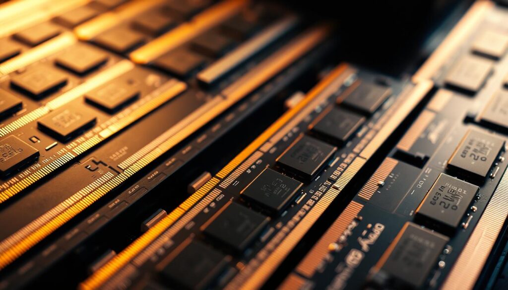 A-close-up-view-of-several-computer-RAM-modules-showcasing-their-intricate-design-and-metallic-1024x585 Build AMD com Ryzen 7 para Edição de Vídeo + Games por R$ 6.000