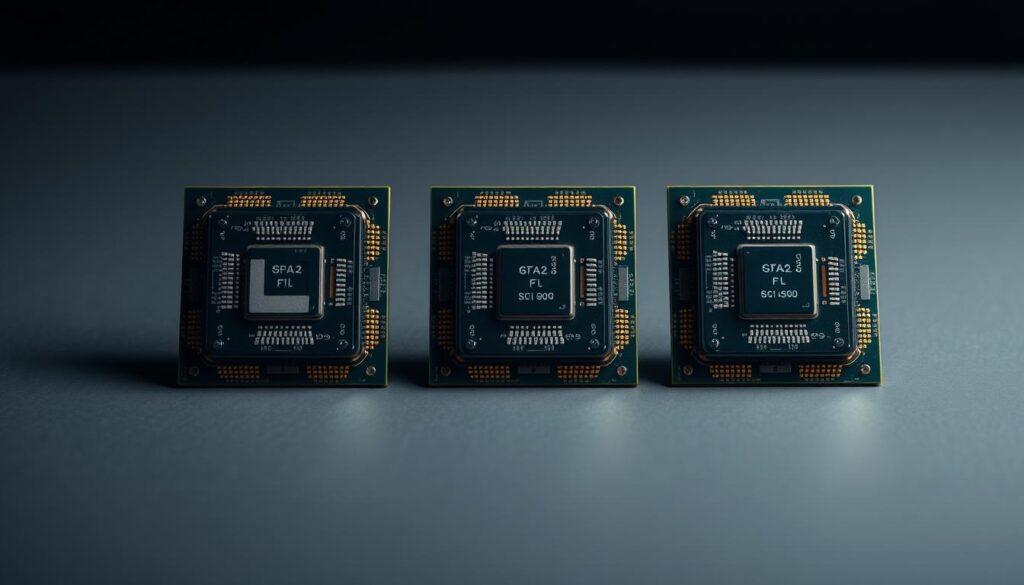 A-close-up-view-of-three-computer-processors-their-microarchitectures-visible-placed-1024x585 Diferença Entre as Linhas Ryzen: G, X ou Sem Sufixo?