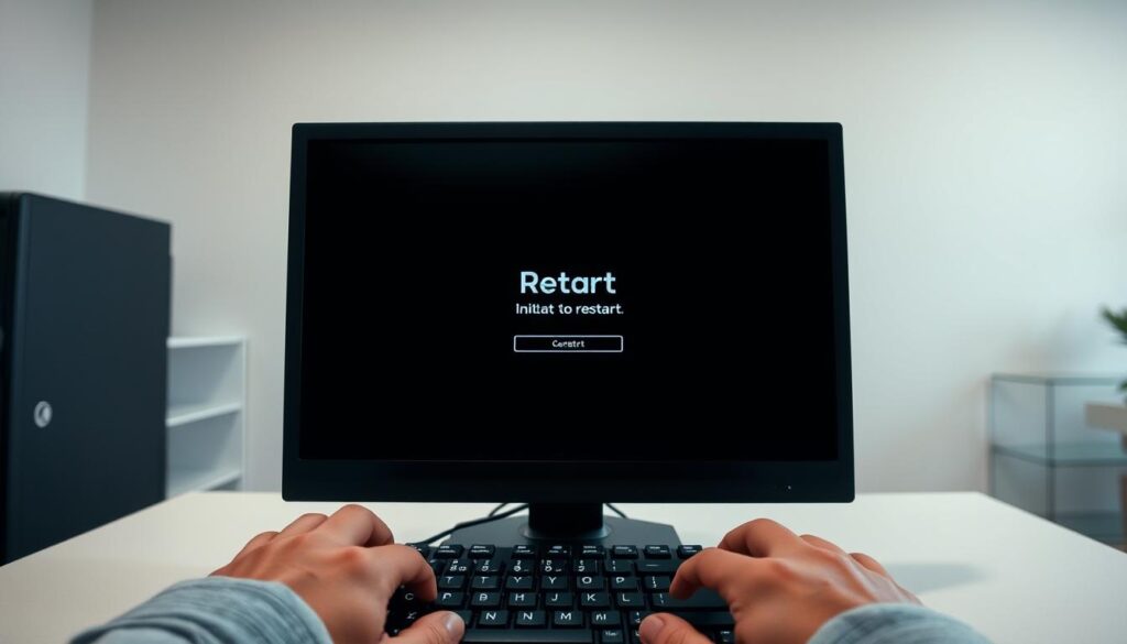 A-computer-monitor-displaying-a-black-screen-signaling-a-system-restart.-The-foreground-shows--1024x585 PC com Tela Preta? 10 Coisas para Verificar Antes de Chamar o Técnico