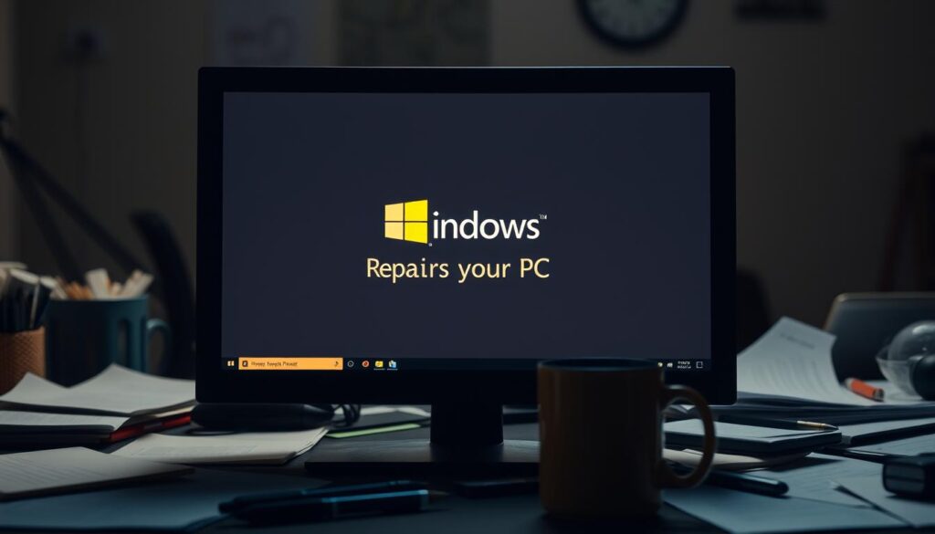 A-dimly-lit-desktop-computer-screen-displaying-the-Windows-logo-and-the-words-Repair-your-PC--1024x585 PC com Tela Preta? 10 Coisas para Verificar Antes de Chamar o Técnico