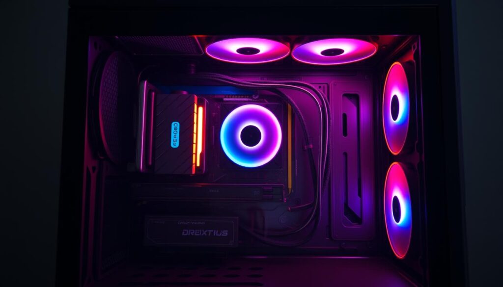 A-neatly-organized-gaming-PC-cabinet-illuminated-by-soft-warm-lighting.-The-front-panel-1024x585 Guia Rápido: Como Limpar seu PC Gamer Corretamente e Aumentar a Vida Útil