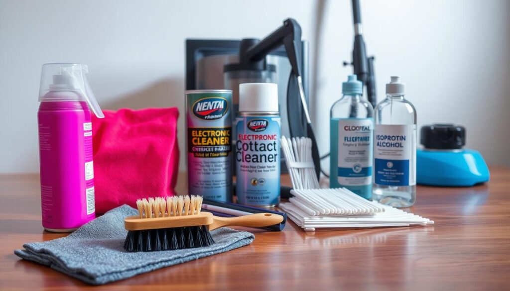 A-well-organized-collection-of-computer-cleaning-supplies-arranged-on-a-wooden-table.-In-the-1024x585 Guia Rápido: Como Limpar seu PC Gamer Corretamente e Aumentar a Vida Útil