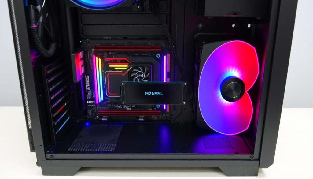 PC gamer moderno com SSD NVMe instalado na placa-mãe