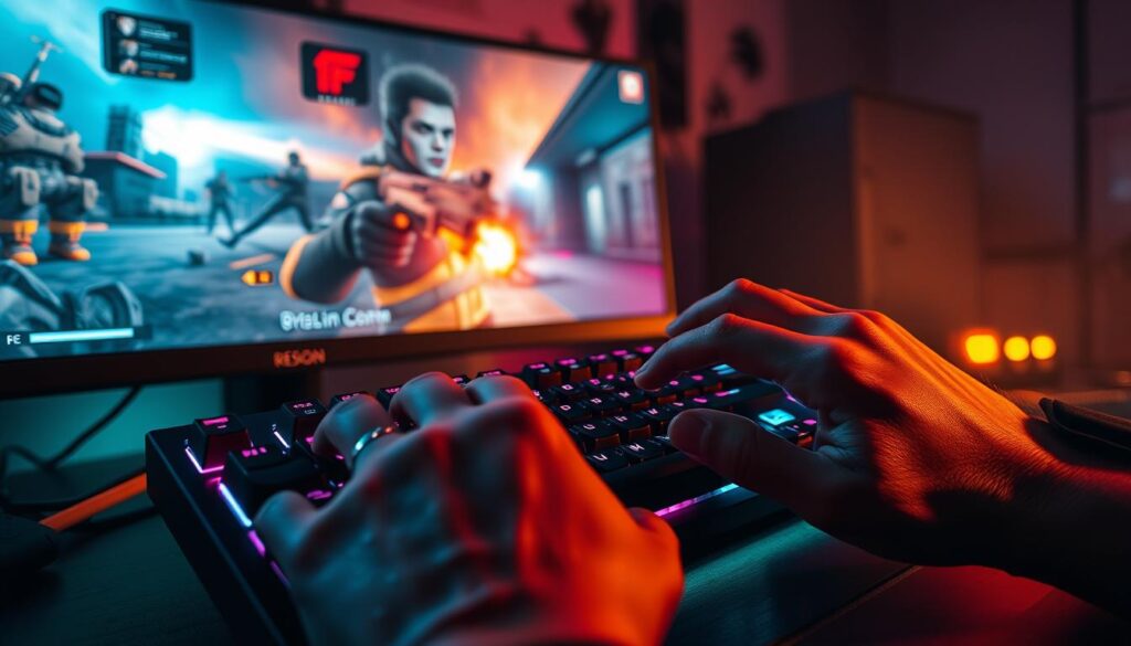 Redragon-Shiva-sendo-usado-em-uma-sessao-de-jogo-FPS-com-monitor-mostrando-gameplay-1024x585 Melhor PC Gamer com Ryzen 5 5600G para Começar em 2025