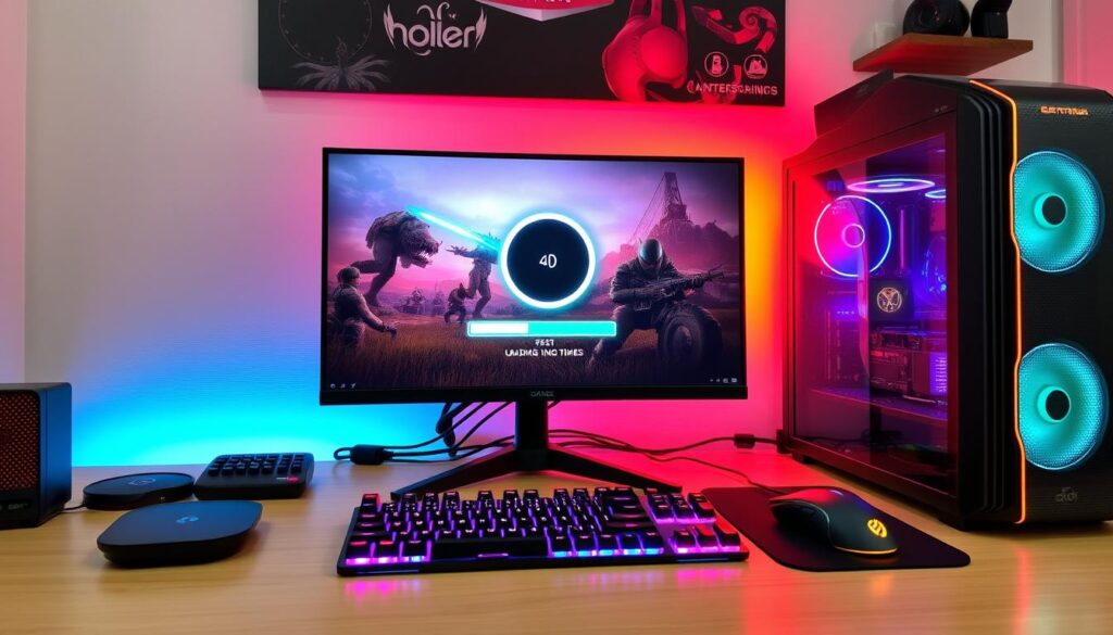 Setup-gamer-com-monitor-mostrando-jogo-em-carregamento-1024x585 Qual a Diferença entre SSD NVMe e SATA? [Guia para Iniciantes 2025]