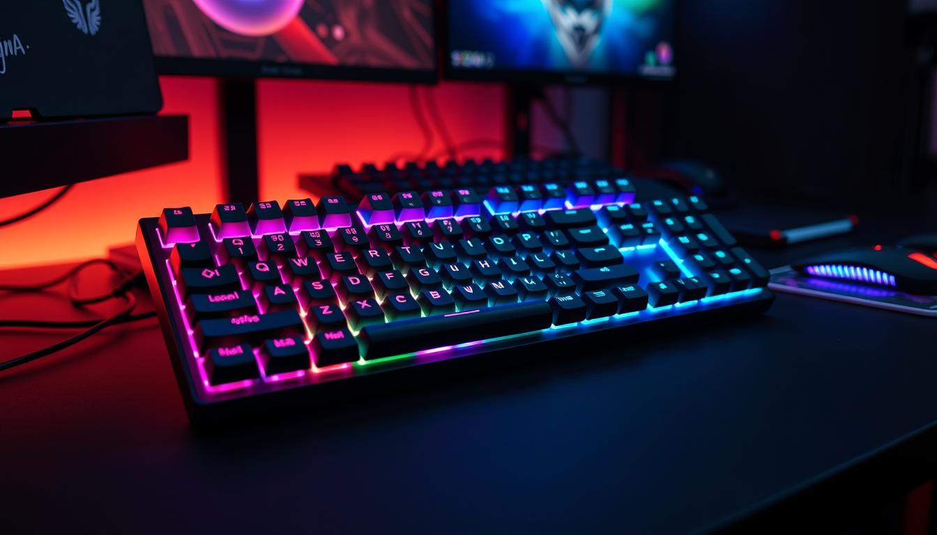 Teclado Redragon Shiva RGB com iluminação colorida em ambiente gamer