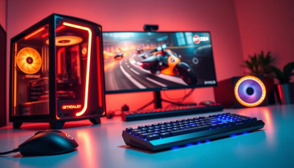 A-detailed-gaming-setup-featuring-a-Ryzen-5-5500-CPU-and-an-RX-6600-GPU.-The-computer-is-1024x585 Melhor PC com Ryzen 5 5500 e RX 6600 (2025)