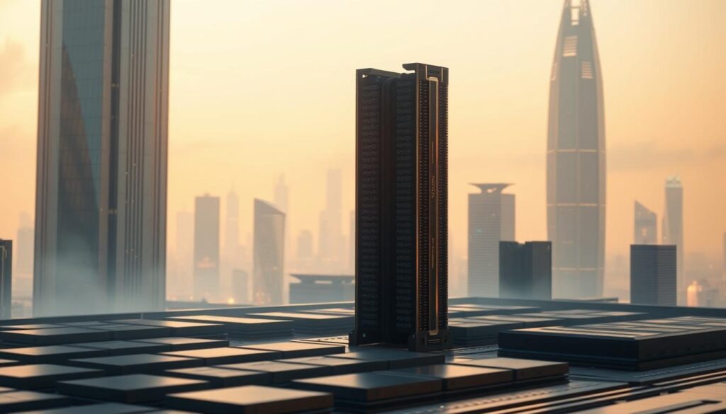 A-futuristic-and-cutting-edge-technology-landscape-featuring-a-towering-skyscraper-like-1024x585 DDR4 vs DDR5: qual memória vale mais a pena em 2025?