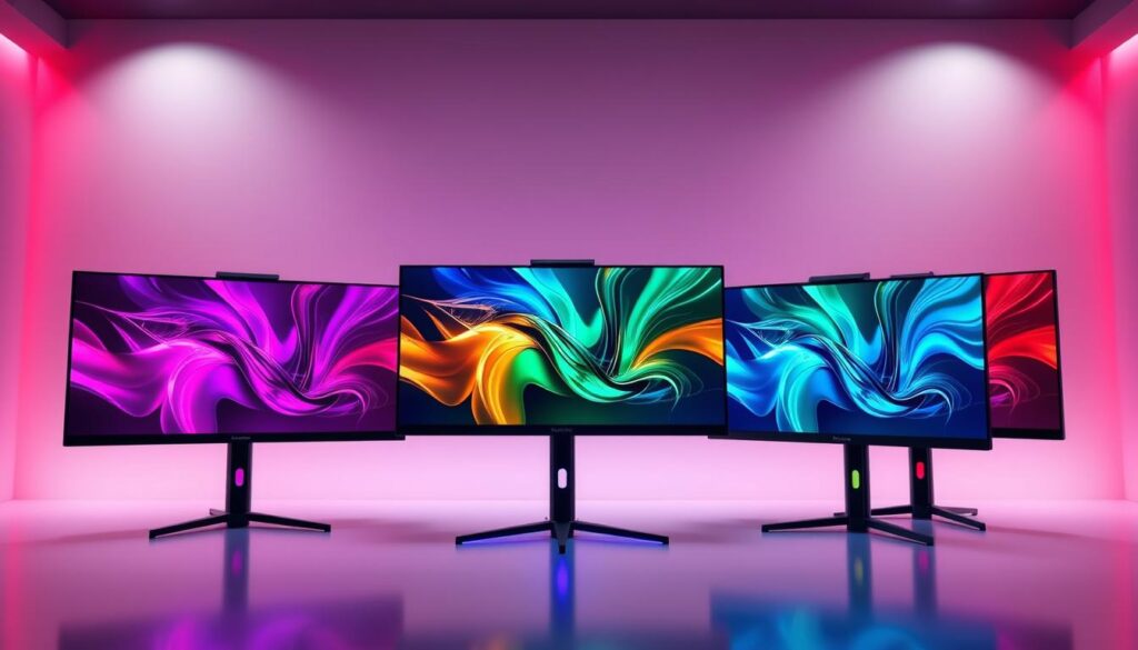 A-futuristic-scene-of-five-high-performance-gaming-monitors-arranged-in-an-eye-catching-1024x585 Melhores monitores gamers baratos em 2025