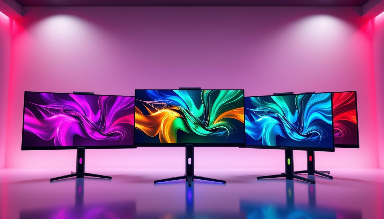 A-futuristic-scene-of-five-high-performance-gaming-monitors-arranged-in-an-eye-catching Monitor 1080p 144Hz ou 1440p: Qual Combina com sua GPU