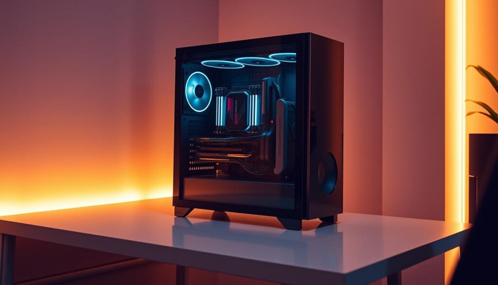 A-gaming-PC-with-a-mid-range-configuration-showcased-in-a-sleek-modern-setting.-The-machine-1024x585 Build de PC para jogar GTA V em 2025