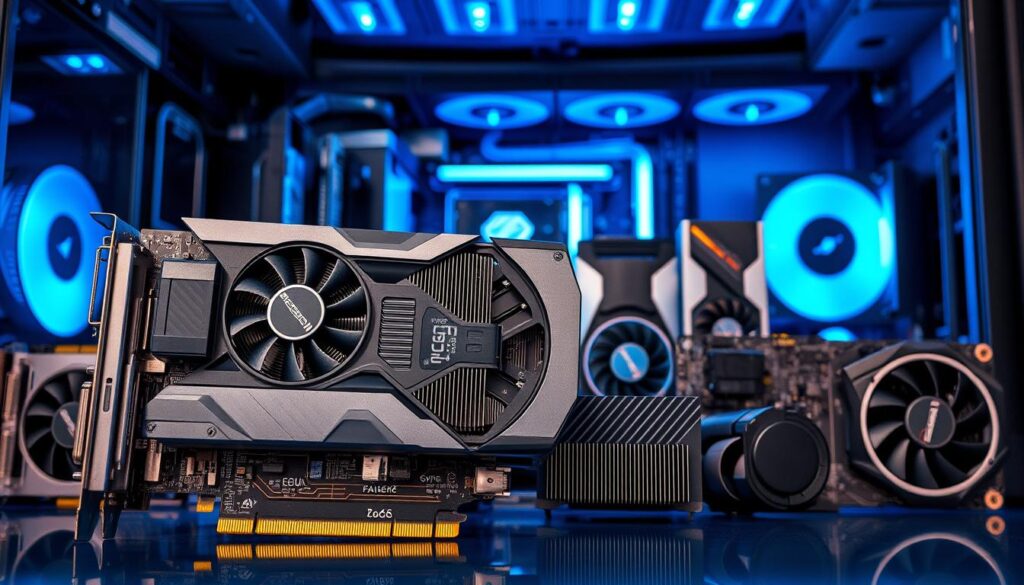 A-high-quality-detailed-image-of-various-video-card-technologies.-A-clear-foreground-showcases-1024x585 Review RX 6500 XT: placa de vídeo boa e barata em 2025?