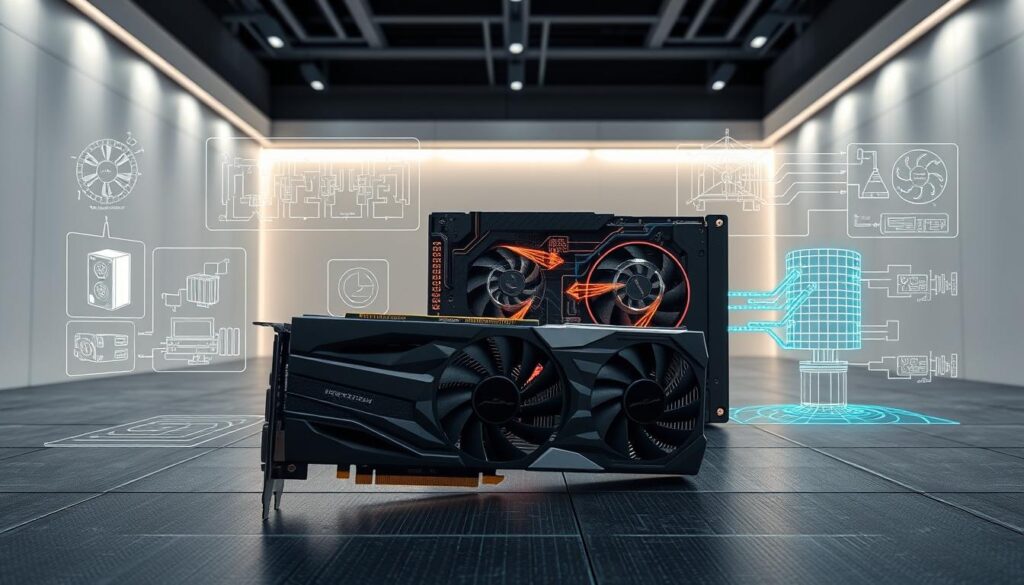 A-high-tech-scene-showcasing-energy-efficiency-and-GPU-cooling.-In-the-foreground-a-sleek-1024x585 RTX 3050 vs RX 6600: comparativo de desempenho em jogos