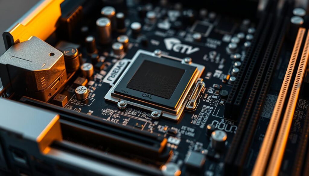 A-highly-detailed-close-up-view-of-a-motherboard-or-placa-mae-in-Portuguese-illuminated-by-1024x585 PC não liga: guia completo de diagnóstico e solução de problemas