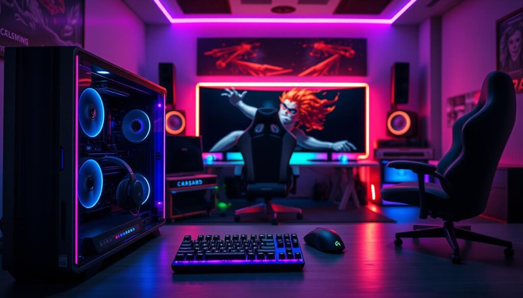 A-pristine-gaming-setup-with-a-sleek-modern-design.-In-the-foreground-a-powerful-desktop-1024x585 O que é gargalo no PC e como evitar no seu setup gamer