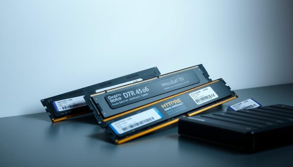 A-sleek-modern-desktop-setup-showcasing-various-computer-memory-modules-including-DDR4-and-1024x585 DDR4 vs DDR5: qual memória vale mais a pena em 2025?