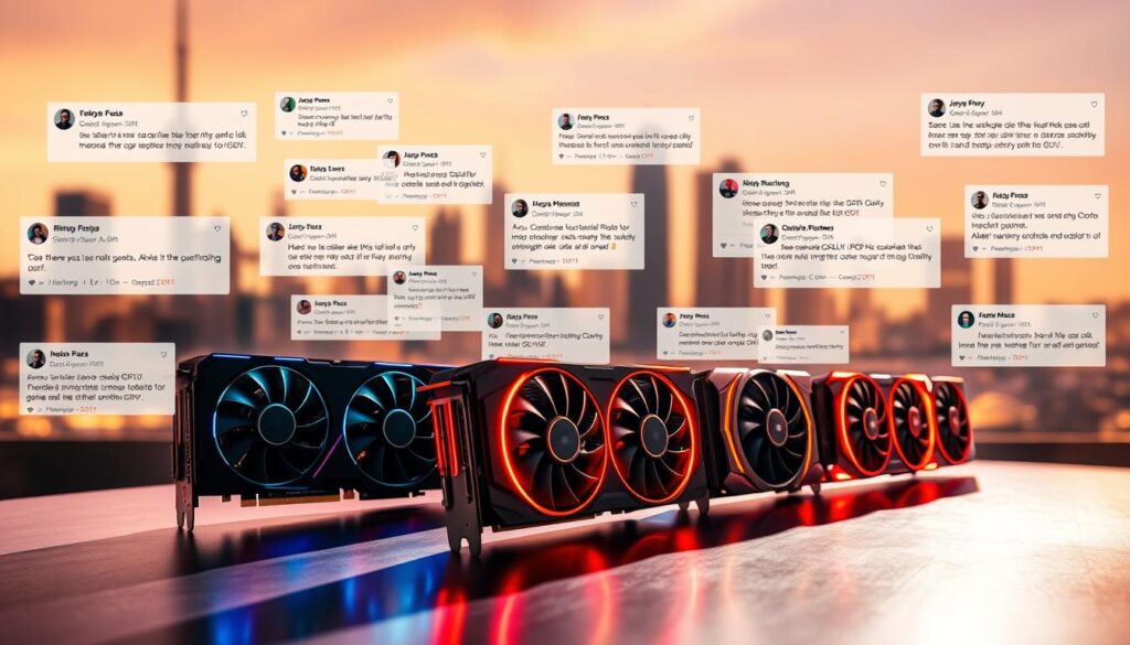A-vibrant-collage-showcasing-user-reviews-of-graphics-cards.-In-the-foreground-a-row-of-1024x585 RTX 4070 vs RX 7800 XT: comparativo completo