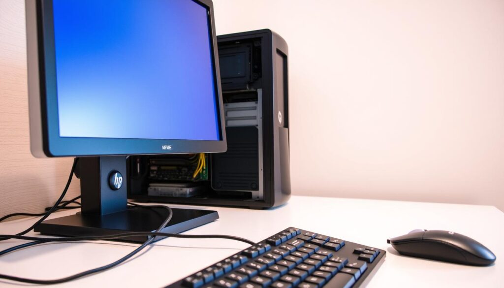 A-well-lit-clean-and-organized-workstation-with-a-desktop-computer-monitor-keyboard-and-1024x585 PC não liga: guia completo de diagnóstico e solução de problemas