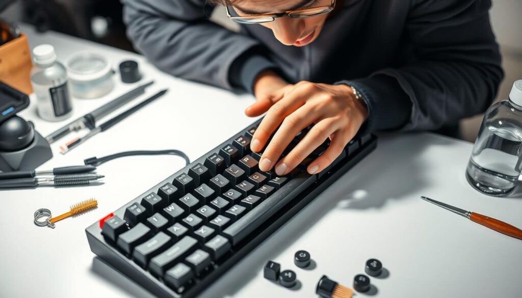 A-well-lit-detailed-close-up-shot-of-a-persons-hands-carefully-cleaning-and-maintaining-a-1024x585 Melhores teclados mecânicos custo-benefício em 2025
