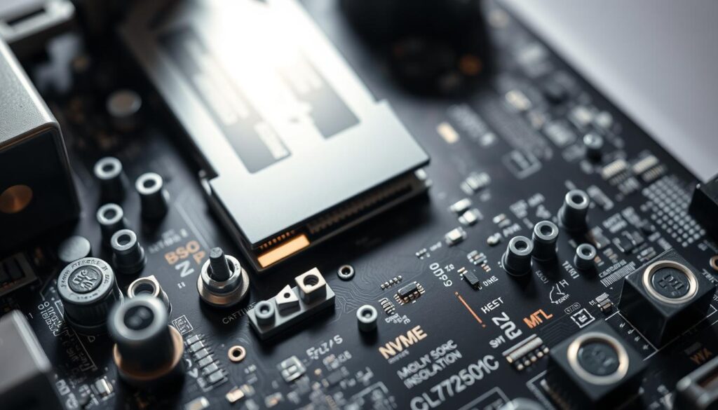A-well-lit-high-angle-close-up-view-of-a-computer-motherboard-showcasing-the-installation-of--1024x585 Como instalar SSD NVMe passo a passo (guia com fotos)