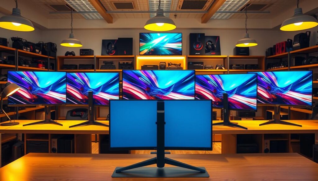A-well-lit-modern-office-space-with-a-desk-showcasing-several-high-end-gaming-monitors.-The-1024x585 Melhor monitor gamer custo-benefício em 2025