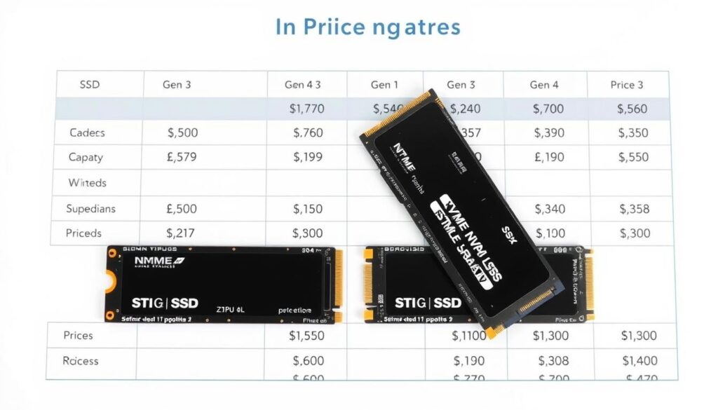 A-well-lit-overhead-view-of-a-price-comparison-table-showcasing-the-latest-NVMe-SSD-models-and--1024x585 SSD NVMe Gen 3 vs Gen 4: qual vale mais a pena?