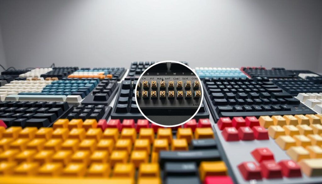 Comparacao-de-teclados-mecanicos-An-intricate-display-of-keyboards-showcasing-their-unique-1024x585 Melhores teclados mecânicos custo-benefício em 2025