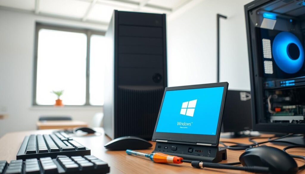 Detailed-scene-of-a-desktop-workspace-preparing-for-a-Windows-installation.-Foreground-shows-1024x585 Como instalar Windows e drivers do zero (guia rápido)