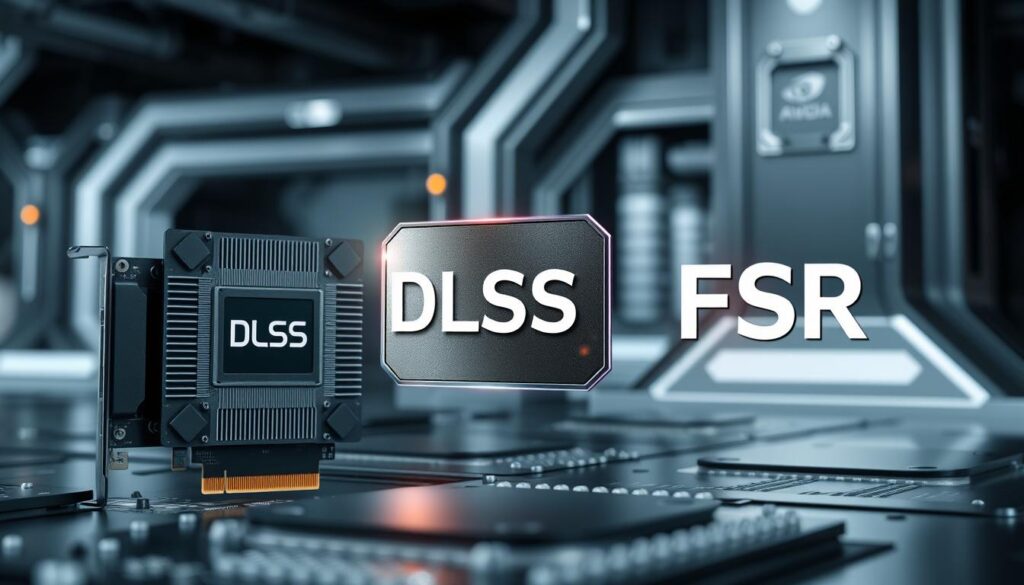 Detailed-technical-diagram-showcasing-DLSS-and-FSR-technologies.-In-the-foreground-a-large-and-1024x585 RTX 3050 vs RX 6600: comparativo de desempenho em jogos