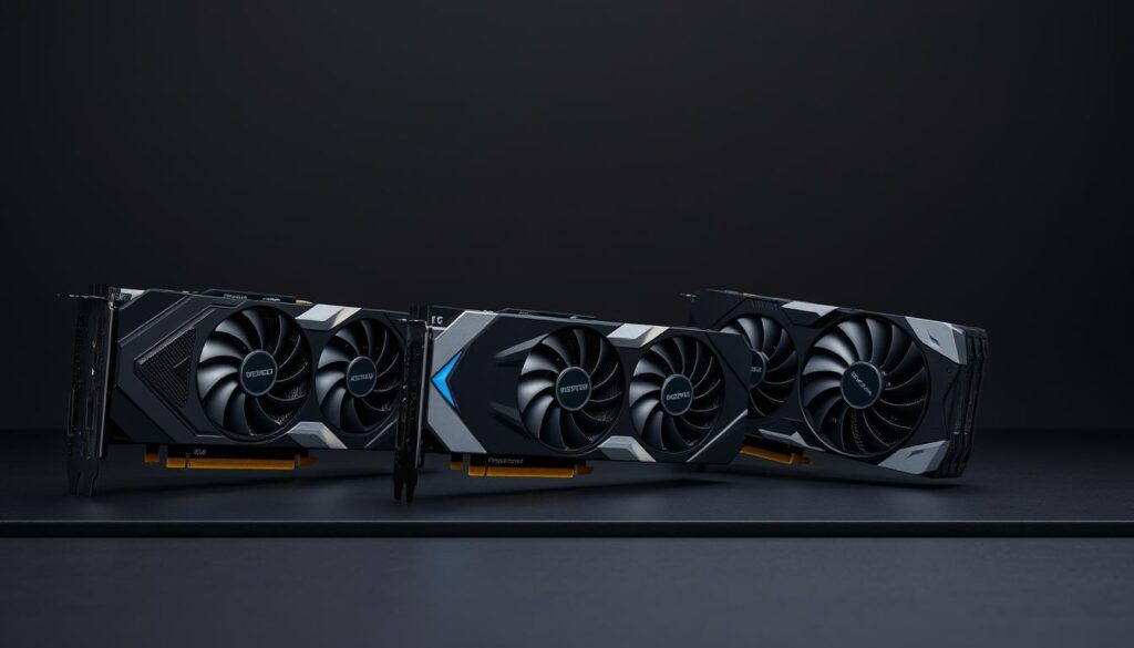 High-performance-video-cards-in-a-sleek-modern-setting.-A-trio-of-state-of-the-art-graphics-1024x585 Melhores placas de vídeo custo-benefício em 2025